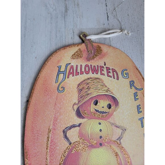 Vintage Halloween greetings pumpkin sign home decor hanging prop - Picture 4 of 5